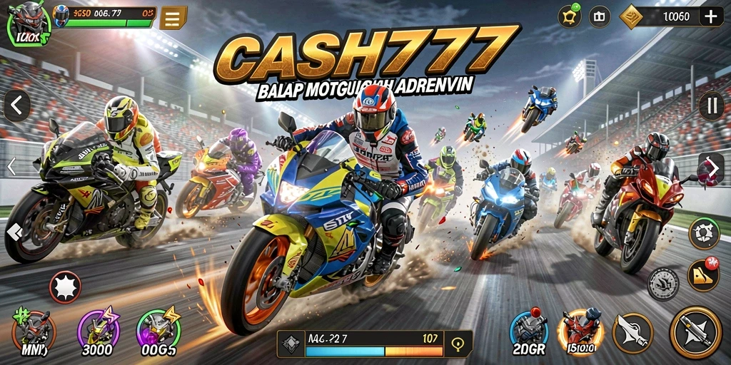 Tampilan gameplay CASH777 dengan aksi balapan motor yang mendebarkan.