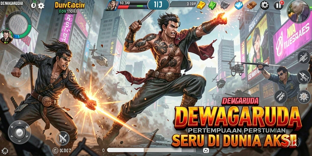 Tampilan dinamis gameplay DEWAGARUDA dengan pertarungan aksi yang seru.