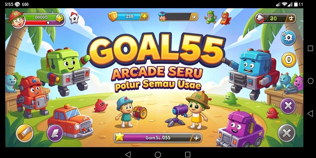 Screenshot gameplay GOAL55 yang penuh warna dan tantangan arcade.