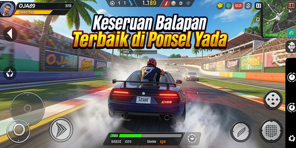 Screenshot OJA89 menunjukkan kendaraan yang melaju cepat di trek balapan.