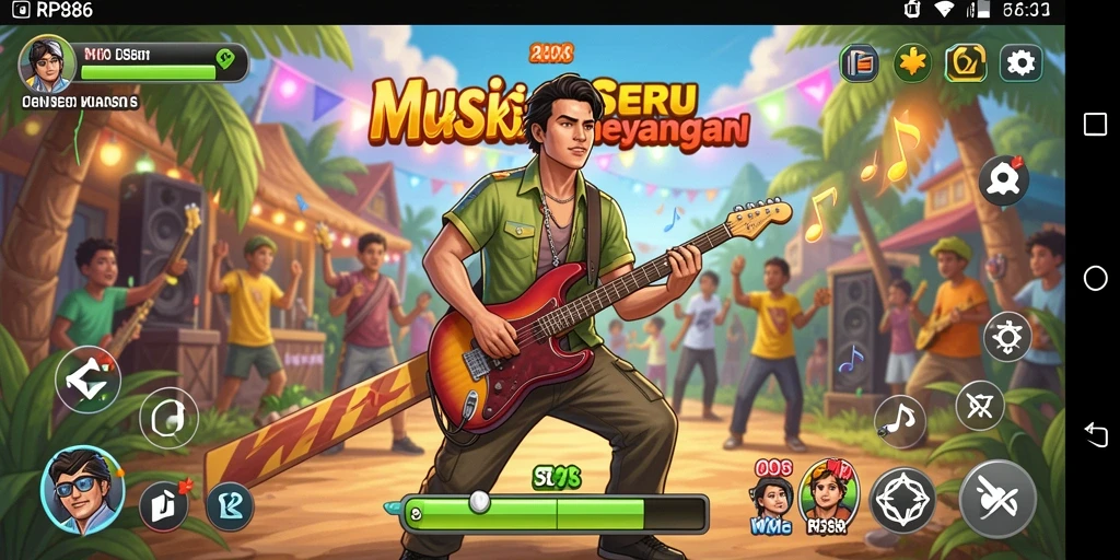 Screenshot utama RP886 menampilkan gameplay menyenangkan dengan berbagai lagu.