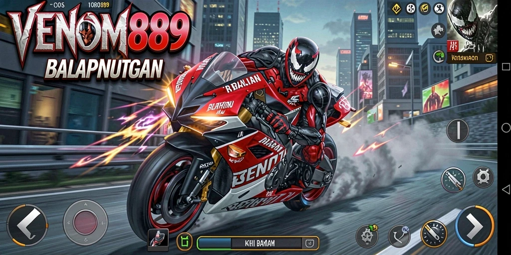 Screenshot gameplay VENOM889 menampilkan balapan motor yang intens dan dinamis.