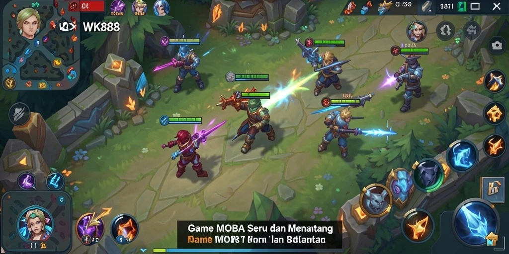 Tampilan gameplay WK888 yang intens dan menarik seperti pertandingan MOBA.